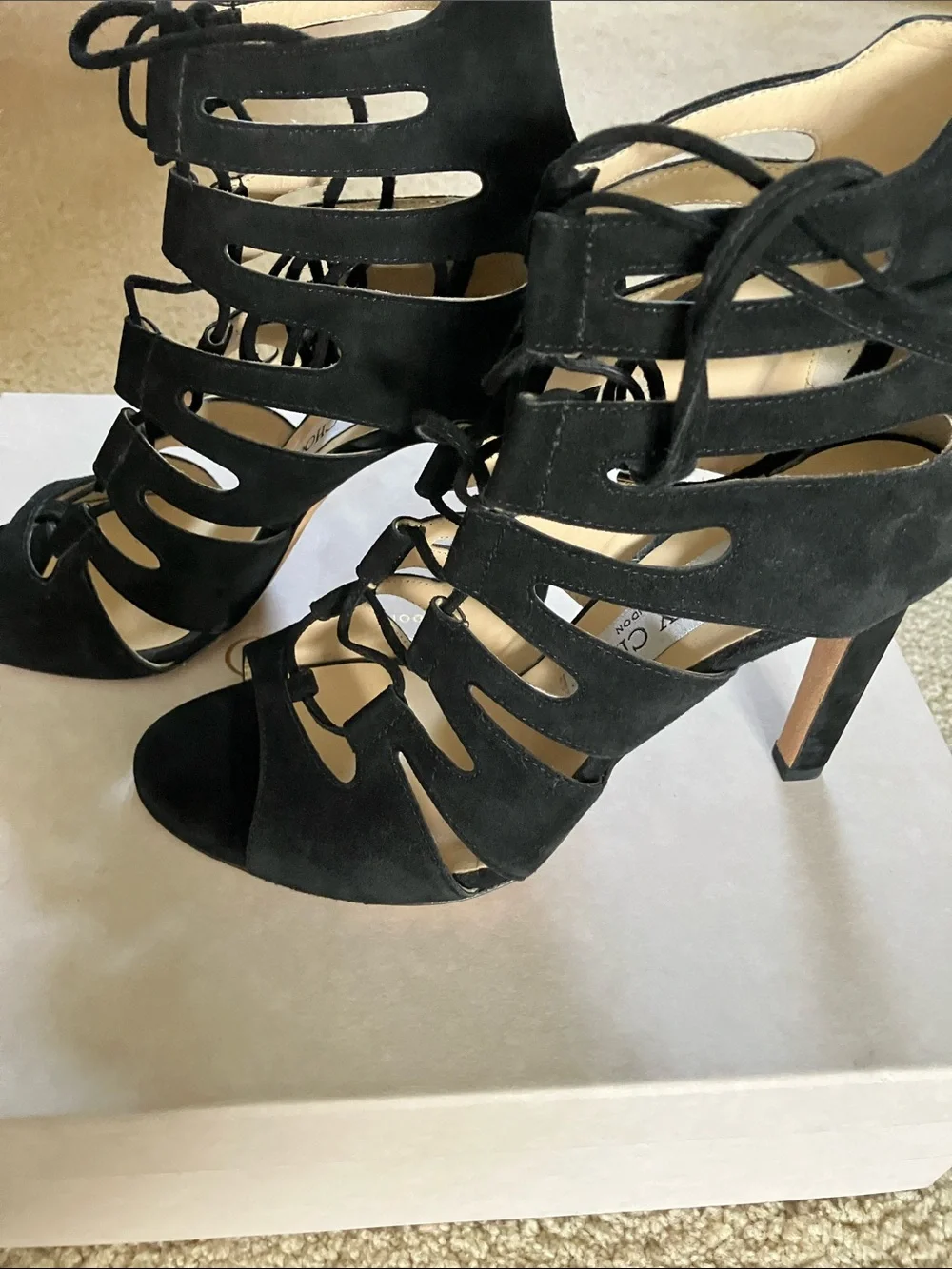 Jimmy Choo Women's Black Suede Lace-Up Cutout High Heel Sandal